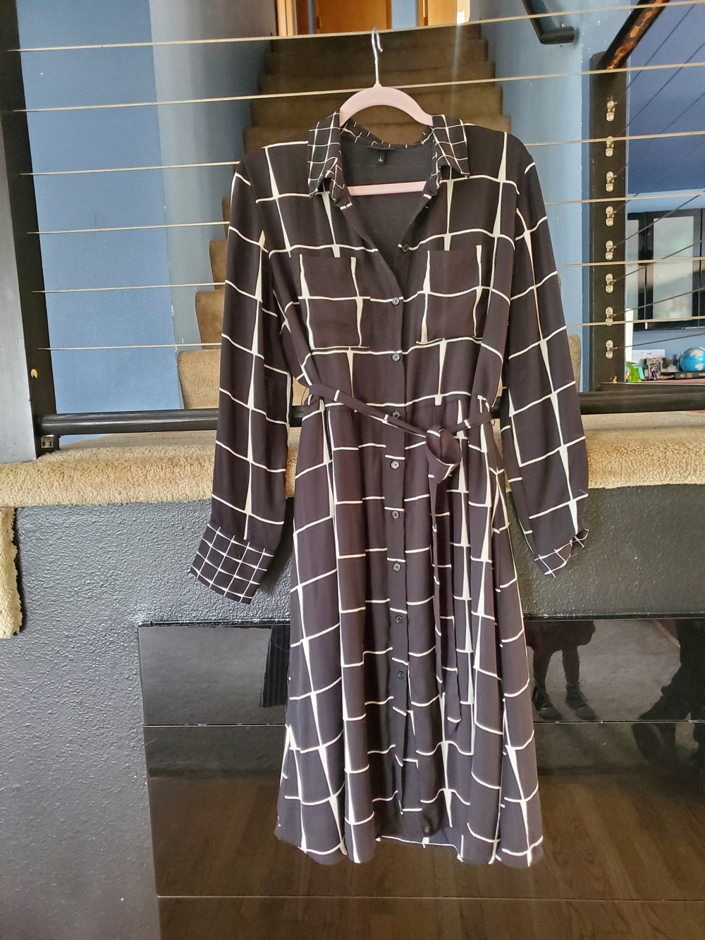 Who What Wear Black and White Windowpane Button-Front Shirt Dress with Tie Belt